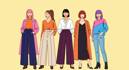 Group of five diverse and stylish women wearing colorful, modern outfits against a yellow background.