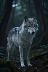 Fototapeta premium Majestic wolf standing in dark forest with mossy ground