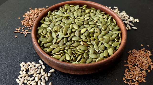 Shelled pumpkin seed kernels, salted, roasted, or raw, are a healthy ingredient. Pumpkin seeds as a food background for your design