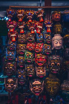 Creative masks are sold at the Ubud Bali tourist market, usually for decoration or souvenirs
