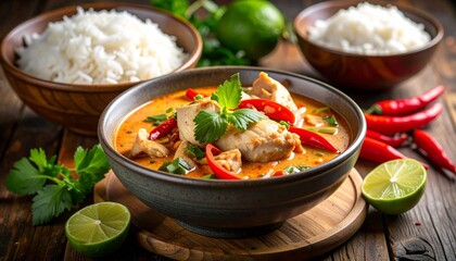 Thai curry with rice symbolizing bold flavors, traditional cuisine, and vibrant culinary presentation