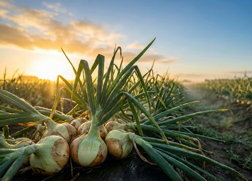 Generated ai fresh onions harvest in farm field at golden sunrise background