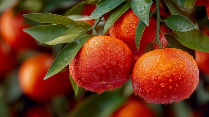Obraz premium In a sunlit orchard, delicate tangerines hang from lush green leaves, their vibrant orange skin shining with beads of morning dew, creating a refreshing scene