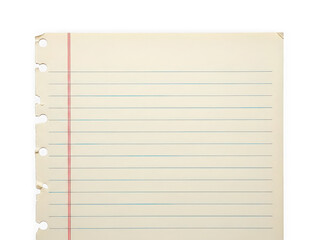 Obraz premium Blank ruled notebook paper with red margin line isolated on a transparent background