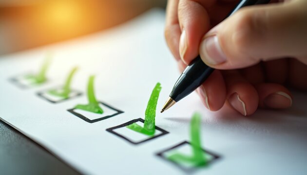 Hand with pen fills out checklist on paper. Green checkmarks show task completion. Close up on confirmation of survey or assignment with bright light.