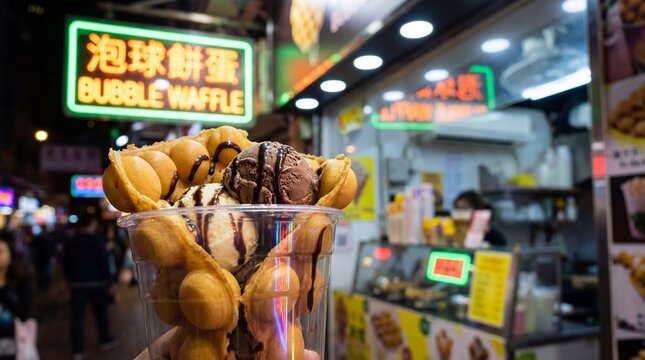 Delicious bubble waffle with ice cream in a bustling street food market at night