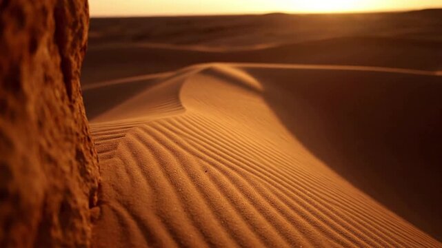 Minimalist Desert Landscape A static, tranquil shot focusing on the interplay of light and shadow on the desert's geometric elements, enhanced by selective focus.