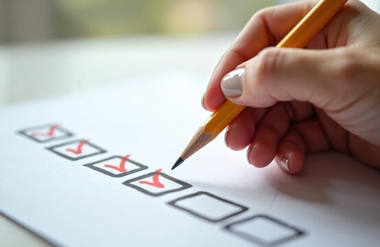 Hand with pencil marks completed task on paper checklist. Female checks off items on to-do list for organisation and productivity at work. Planning agenda for business success.