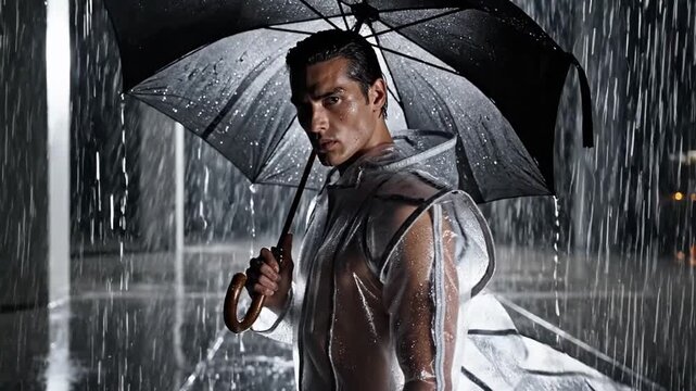 Muscular man posing intensely with a black umbrella in heavy rain, wearing a transparent raincoat for a dramatic effect.