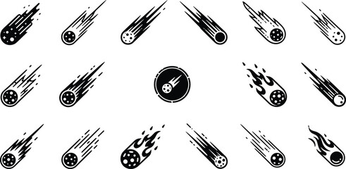 Meteor and comet silhouette icon collection with flame trails, space motion designs, astronomy vector art for science and cosmic illustration © Faruk Here