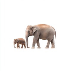 Fototapeta premium Adult and Baby Elephant Walking Together in a Studio Setting, Isolated on White Background, Symbolizing Family Bonds and Nature Conservation