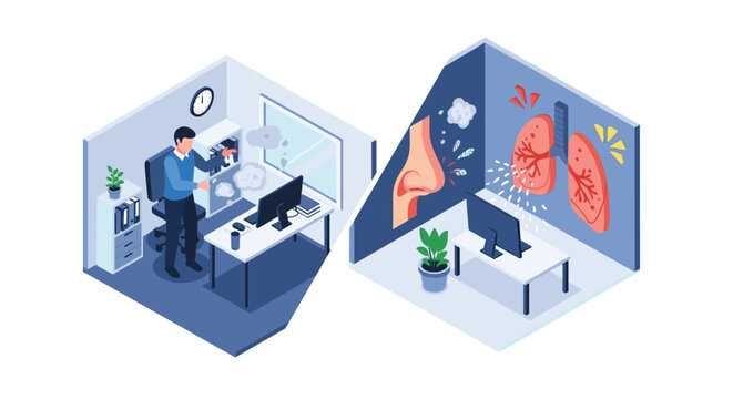 Isometric illustration of a man smoking in an office, with a diagram showing the harmful effects of smoke inhalation on the respiratory system.