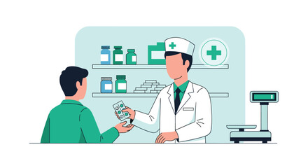 A pharmacist in a white coat and hat serves a customer at the pharmacy counter, providing prescription medication and professional advice.