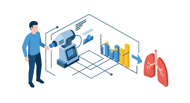 Isometric illustration of a man using a spirometer to measure lung function, with data charts showing results for respiratory analysis.