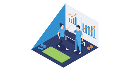 Isometric view of a physical therapist assisting a patient with rehabilitation exercises, with progress charts shown on the wall in a gym.