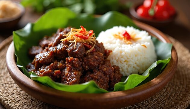 Juicy beef rendang stew with fluffy white rice served on banana leaf inside wooden bowl. Garnished with chili and crispy shallots. Traditional Indonesian cuisine.