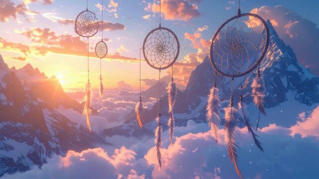 Dream catchers float above mountains at sunset, clouds beneath