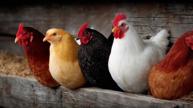 Five chickens of various colors, close together on a wooden structure, looking left
