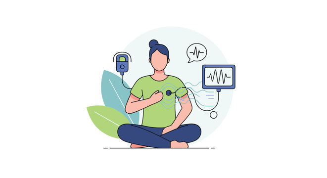 A woman meditates peacefully while wearing a Holter monitor to record heart activity, illustrating ambulatory cardiac monitoring at home.