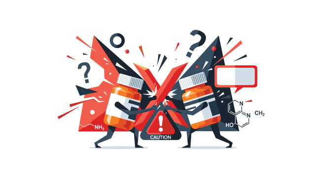 Two anthropomorphic pill bottles fighting, representing the concept of drug interactions, contraindications, and medication safety warnings.