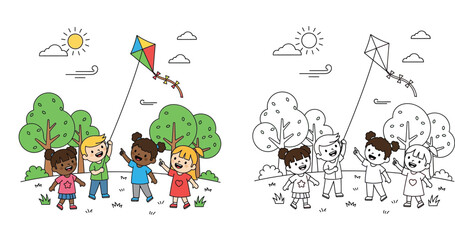 Fototapeta premium Cute diverse children playing with a kite in the park vector illustration. Happy kids outdoor summer activity. Coloring book page with colored example and black and white outline.