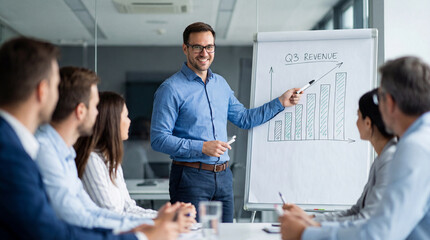 Fototapeta premium Confident Manager Presenting Financial Growth Charts to Team