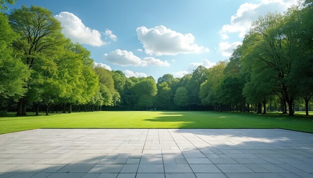Wide paved area next to lush green grass lawn and vibrant forest in city park. Blue sky with clouds on bright sunny day. Open natural space for outdoor activity.