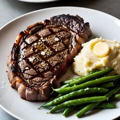 A mouthwatering image of a perfectly seared ribeye steak, accompanied by creamy mashed potatoes and fresh, vibrant green beans, a feast for the eyes.