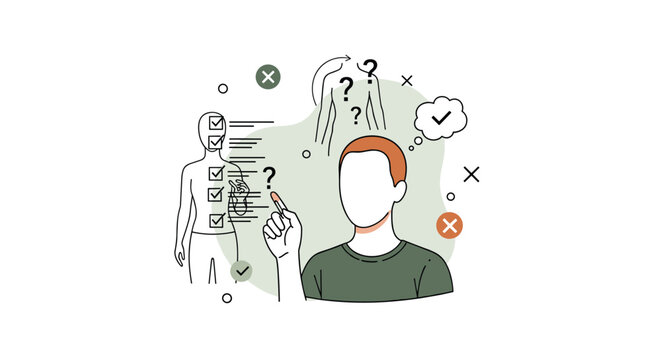 A person contemplates their health, with a checklist of body systems and question marks, illustrating self-assessment and medical uncertainty.