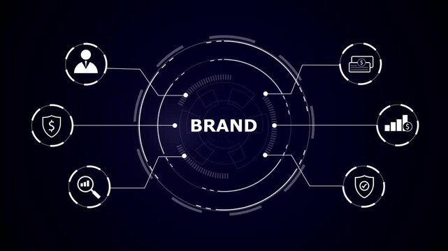 Futuristic dark blue brand diagram with central circular interface and six peripheral nodes connected by lines