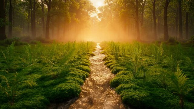 Dolly shot of cracked earth transforming into a vibrant floral stream meadow.