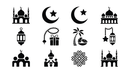 Naklejka premium Ramadan kareem icons set including mosque crescent moon lantern gift palm tree and star symbols in black silhouette on white background for islamic holiday celebrations and decorations