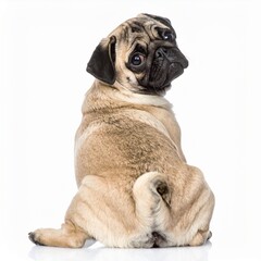 Obraz premium Carlin, chien de race en provenance de Chine, assis et vu de dos. Isolé sur fond blanc. Generated Image. 