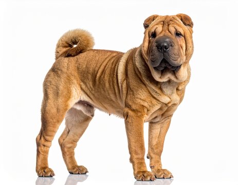 Shar-Pe&iuml;, est une race de chiens d'origine chinoise, qui se caract&eacute;rise par sa peau ample qui retombe en plis. Isol&eacute; sur fond blanc. Generated Image. 