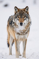 Obraz premium Majestic wolf standing in snowy landscape with intense gaze