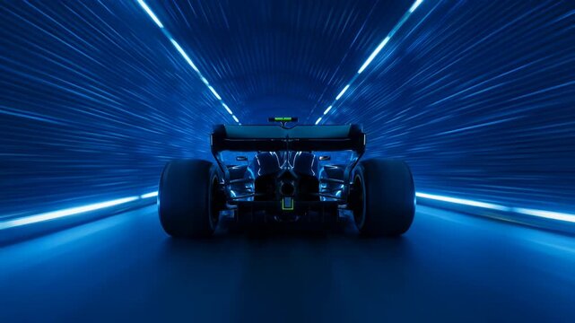 Rear View of Race Car Accelerating Through Futuristic Blue Neon Tunnel