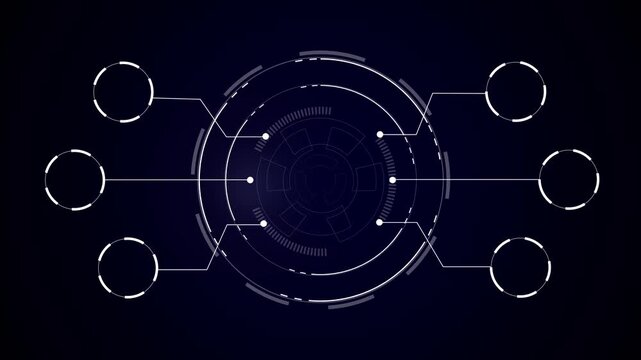 Futuristic hud interface with circular central element and six outer nodes connected by lines on dark background