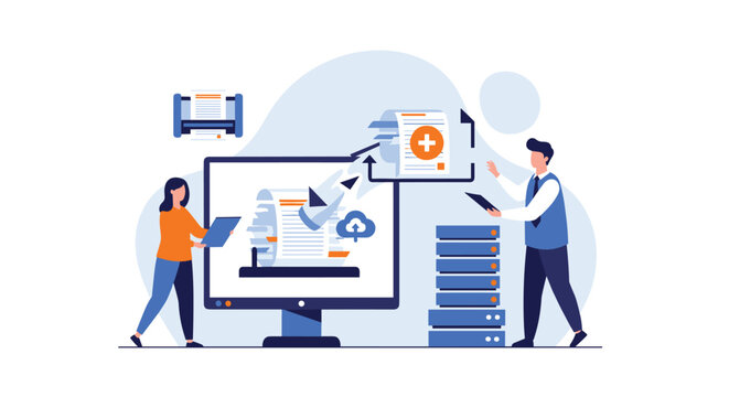 Healthcare professionals securely migrating paper and digital medical records to a cloud-based electronic health record system.