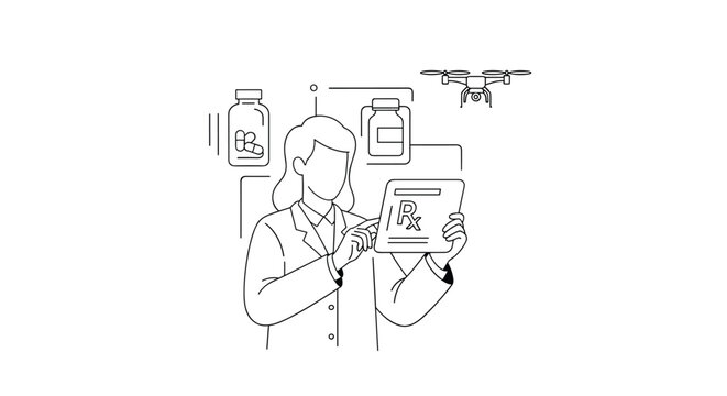 Line art concept of futuristic pharmacy services, with a pharmacist managing prescription fulfillment and drone delivery via tablet.