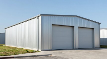 Fototapeta premium A large metal warehouse building with two garage doors on a concrete driveway
