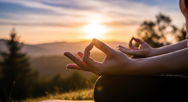 Serene woman meditating at sunrise in a mountain landscape, practicing mindfulness and yoga for inner peace and well-being