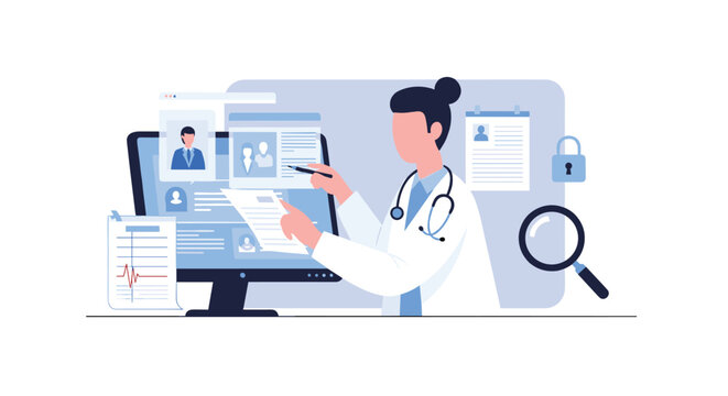 Doctor managing and reviewing patient profiles and electronic health records on a secure computer system in a modern clinic.