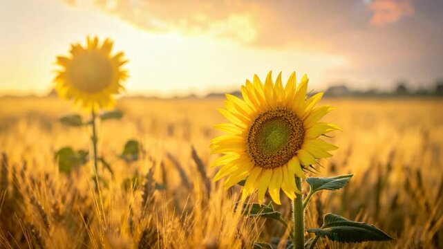 Two bright sunflowers in a wheat field bathed in golden hour light