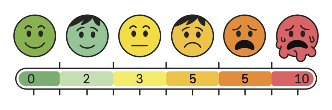 Pain Level Scale vector illustration with cartoon boy face, showing zero pain happy expression to worst pain crying, cute and simple infographic design.