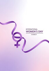 Obraz premium International Women’s Day greeting card with purple ribbon forming number eight and female gender symbol on soft pastel gradient background