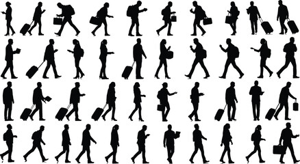 Obraz premium Business People Walking Silhouettes Collection, Travelers with Luggage and Briefcases Vector Illustration Set