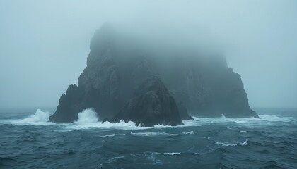 Fototapeta premium Misty ocean waves crash against large rocky islands shrouded in fog. The dark sea and rugged cliffs create a dramatic, moody seascape perfect for adventure or travel themes.