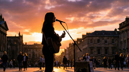 Obraz premium Silhouette of female street musician singing into microphone while playing guitar during sunset in a bustling urban square with historic buildings and pedestrians