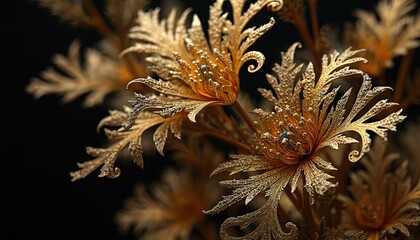 Close up macro shot of elaborate golden flower petals and delicate fern fronds. Detailed textured plant forms glow on dark background. Elegant botanical design element suitable for luxury decor.