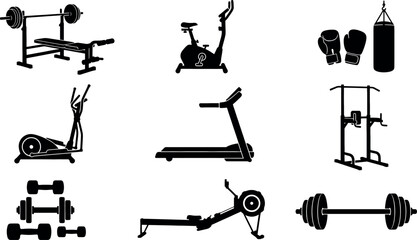 Gym Equipment Vector Set – Bench Press, Treadmill, Rowing Machine Silhouettes © Open Expression